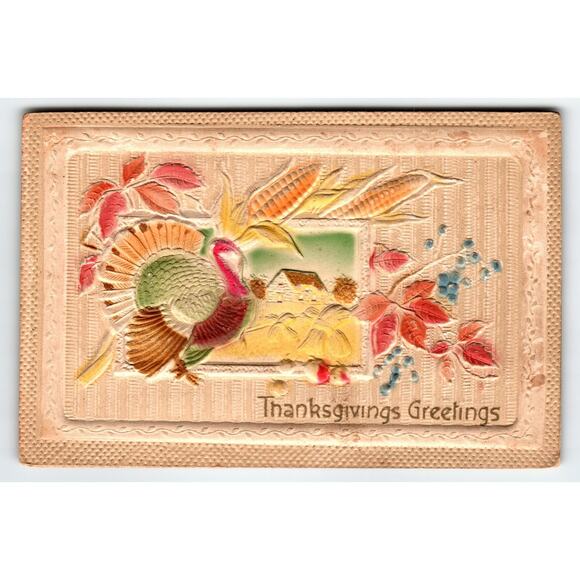 Vintage Thick Airbrushed Embossed Thanksgiving Postcard with Turkey & Corn 1919 - Picture 1 of 2